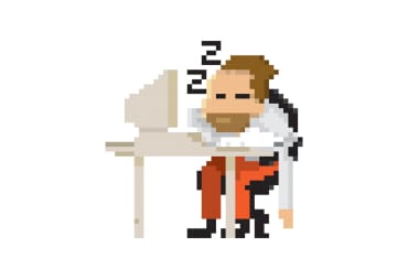 Image of a pixel art worker asleep at his computer