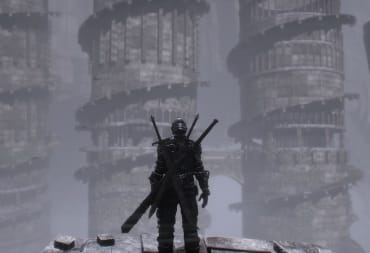 The main character standing and looking out over massive spiral towers in Bleak Faith: Forsaken