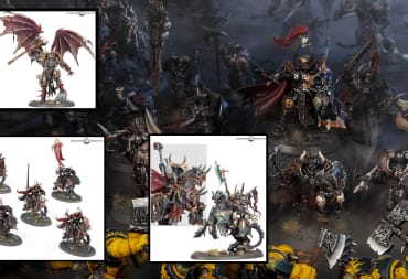 An image of the Slaves to Darkness army, including an image of a battle and several key product shots including the Daemon Prince