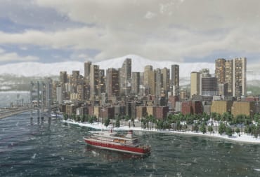 A ship sailing past a city that's blanketed in snow in Cities: Skylines 2