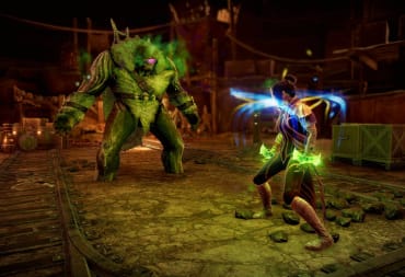 A player character confronting a large green monster in Dark Envoy