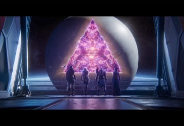 The main characters staring at a portal opening from The Traveler at the conclusion of Destiny 2 Lightfall