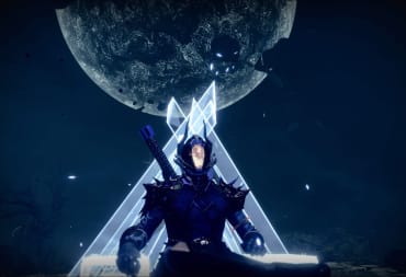 A warlock sitting in the Shattered Realms, a ball of dark energy in the background