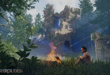 Enshrouded Hands-Off Preview - Cover Image Player Character Sitting Next to a Campfire Near a Ruined Tower