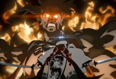 A giant flaming figure with a swordsperson standing in front of it in the Fate/Samurai Remnant opening animation