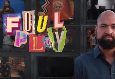 The Foul Play Logo and B Dave Walters to a backdrop of tv screens