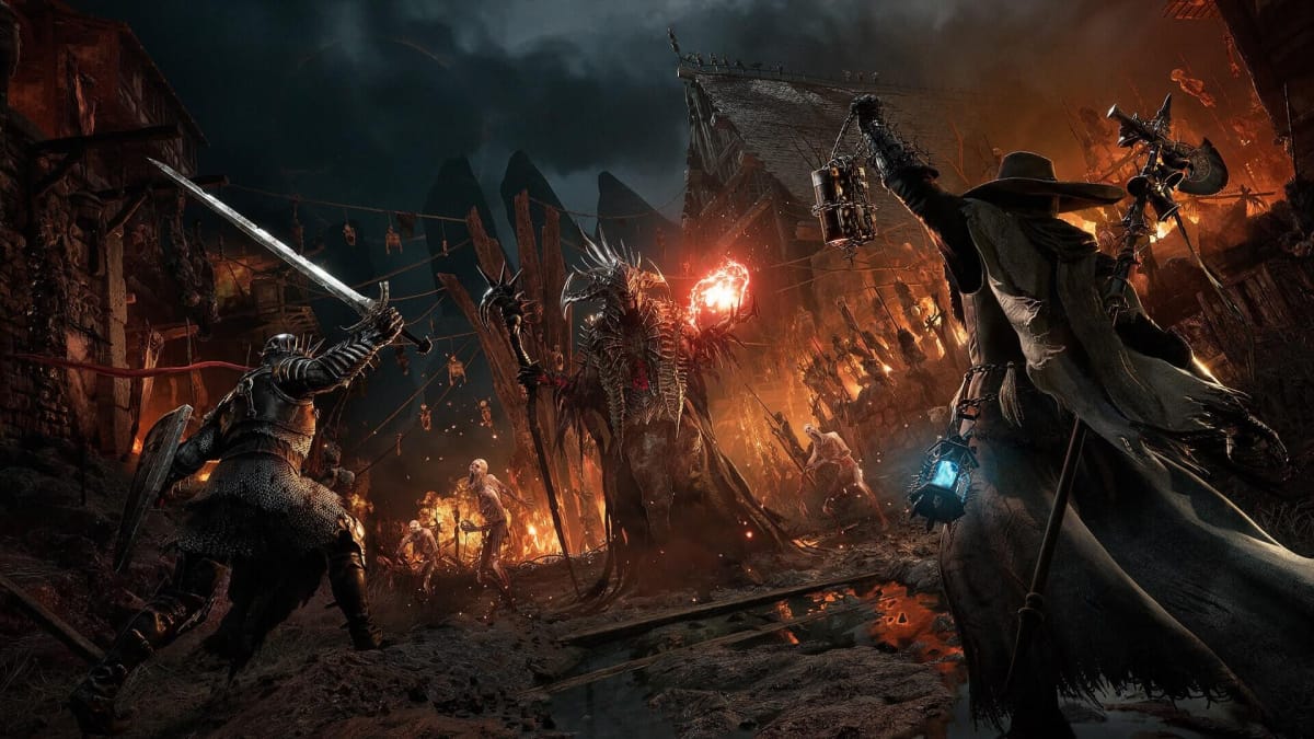 Two soldiers rushing at a demonic enemy who's wielding a fireball in Lords of the Fallen