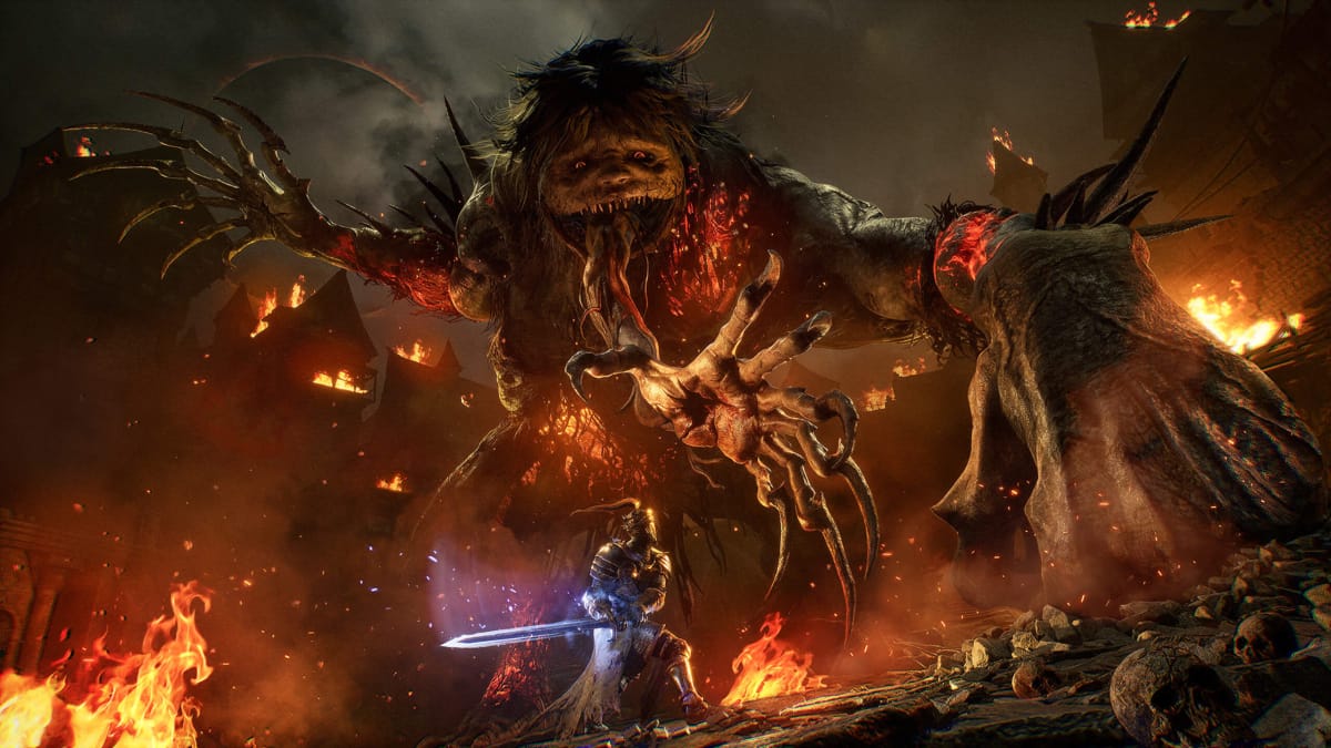 A giant, terrifying monster with multiple arms facing down a player with a glowing sword in Lords of the Fallen