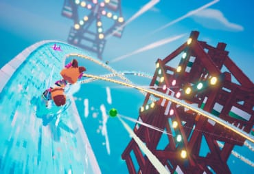 A gameplay screenshot of Lunistice, showcasing the protagonist Hana speeding through a water stream that spirals around a ferris wheel.