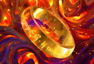 Card artwork showing The One Ring, with glowing letters on the outside, slowly sinking into molten lava.