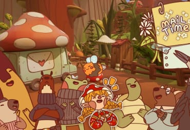 The main character of Mail Time and all the residents of Grumblewood Grove in front of a screenshot of the 3D platformer game. There is a note in the corner that says "Mail Time."