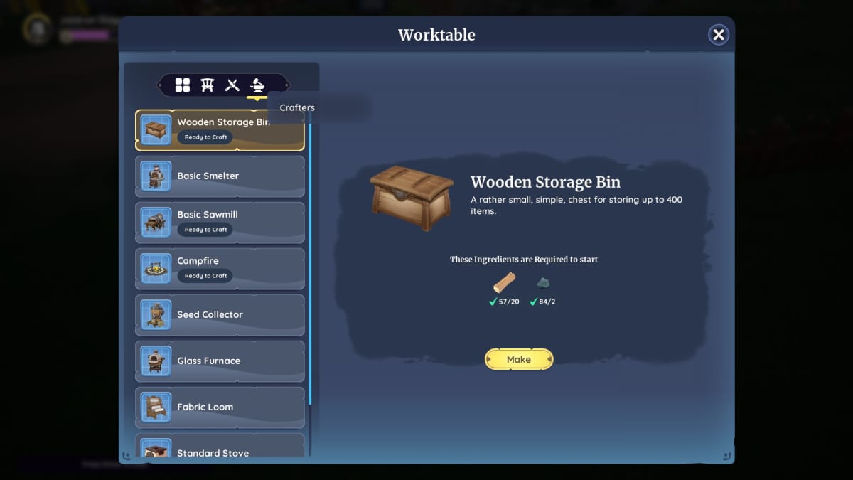Palia screenshot of the main crafting menu on the Worktable
