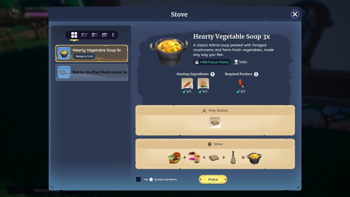 Palia screenshot of the stove menu showing a recipe display with all of the ingredits and stations accounted for