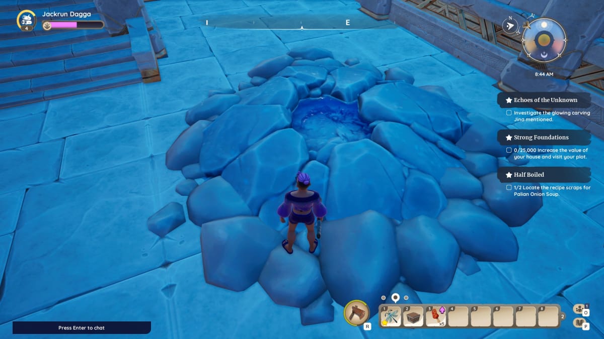 Palia screenshot showing a character hodling a pickaxe standing over a hole in the floor filled with water