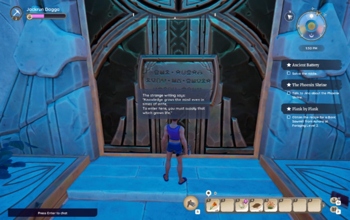 Palia screenshot showing a character standing in front of a door while a text box displays a riddle