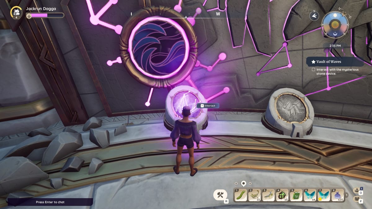 Palia screenshot showing a character standing in front of a glowing purple symbol