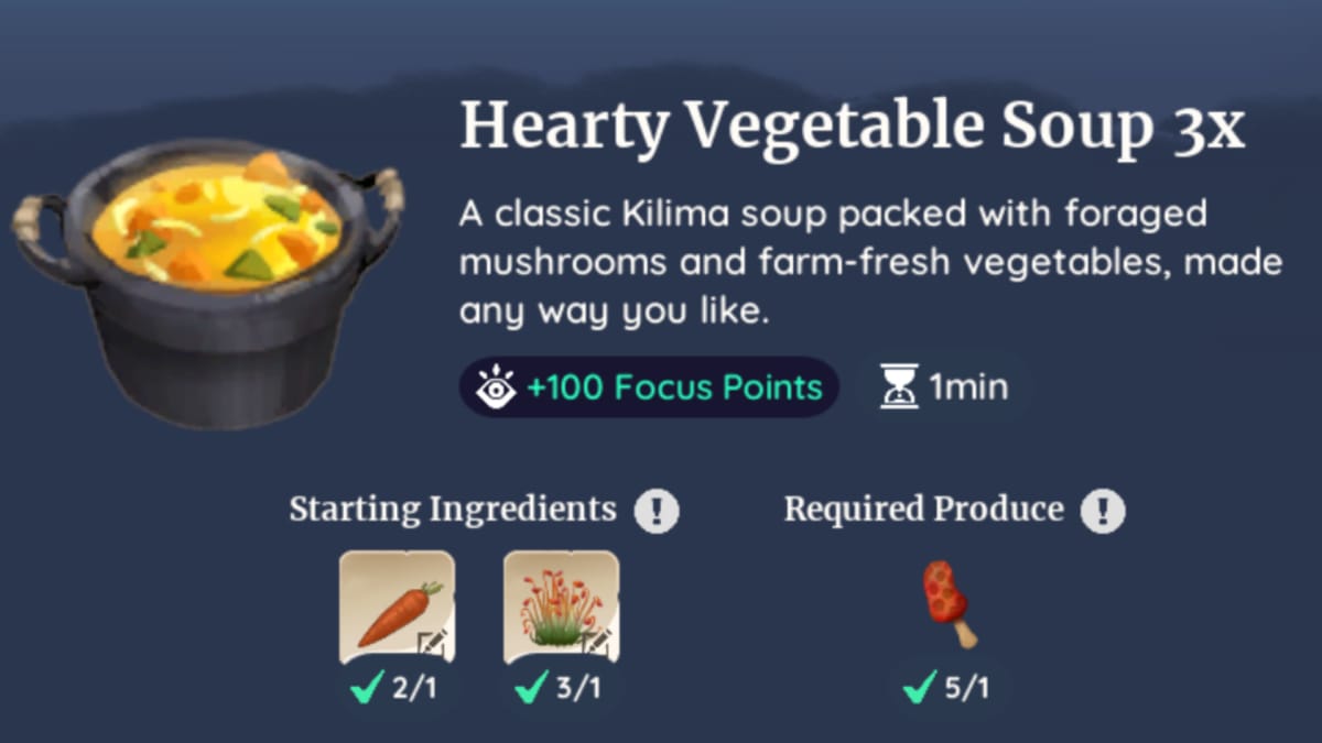 Palia screenshot showing a hearty vegetable soup recipe card with information on the ingredients and effects