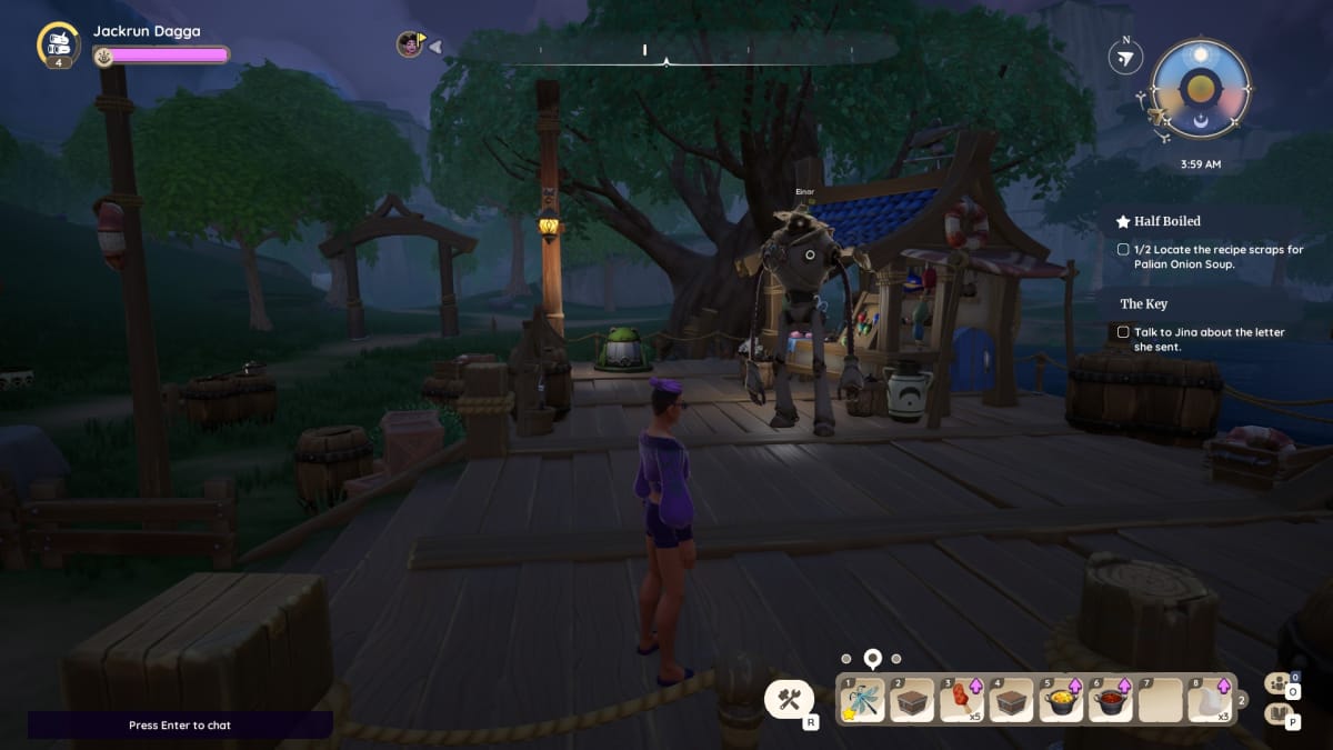 Palia screenshot showing a purple clad character standing just next to the robot called Einar