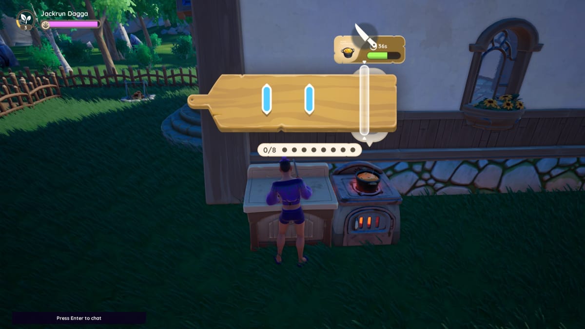 Palia screenshot showing a rhythm mini game related to chopping