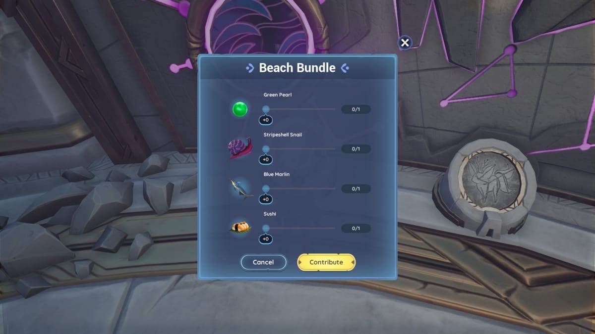 Palia Screenshot showing the beach bundle contribution screen