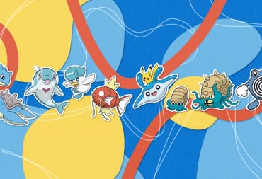 Several Pokemon, including Lapras, Magikarp, and Palafin, lined up against a psychedelic background in an image representing the new Pokemon Presents