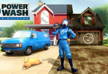 A landscape shot of PowerWash Simulator's cover, showcasing the titular cleaner in between a clean half with their van and a cat, and a dirty muck-ridden half.