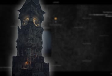 Remnant 2 Artwork depicting a victorian seque clock tower over a blurred screenshot of the Lonsomn map