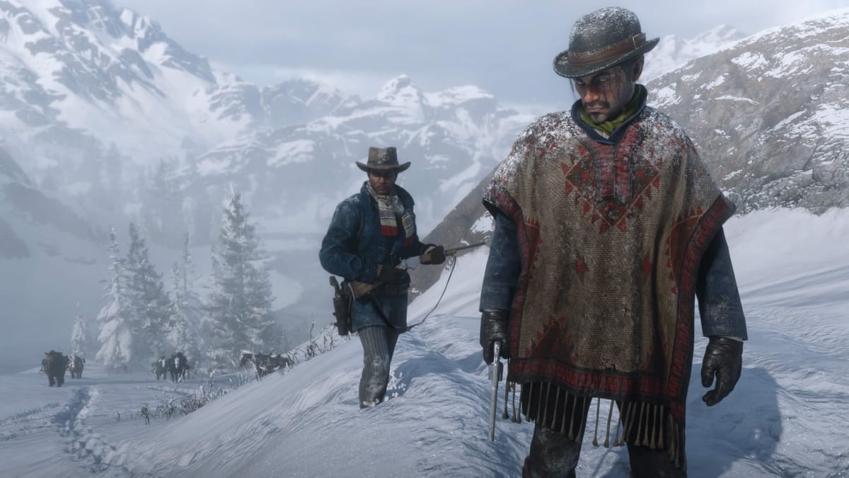 Two cowboys trekking up a snowy mountain in Rockstar's Red Dead Redemption 2