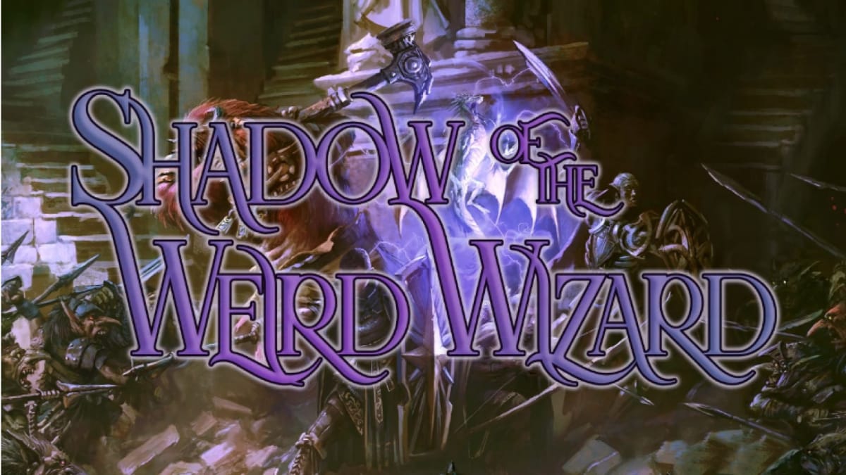 The title of Shadow of the Weird Wizard in purple text, overlayed over a group of adventurers in a dungeon.