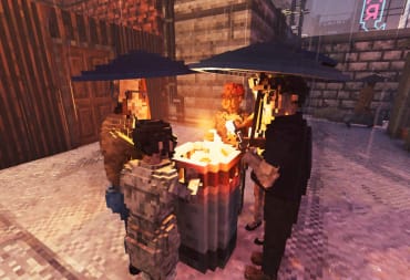 Several voxel people standing around a voxel fire in Shadows of Doubt