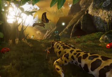 The player riding a lizard and chasing a butterfly in Smalland: Survive the Wilds