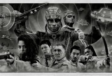 Key art depicting the main characters and sinister aliens of Squad 51 vs. the Flying Saucers