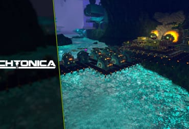 Techtonica Starter Guide - Cover Image Game Logo Area Near Production Terminal Victor with Water Wheels on the River and Machines on the Shore