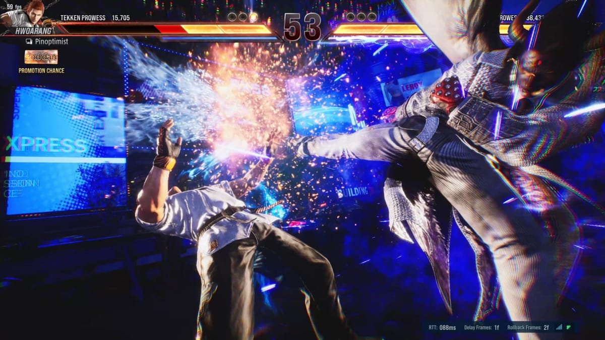 Kazuya unleashes his devil form and lands a kick on Hwoarang in Tekken 8.