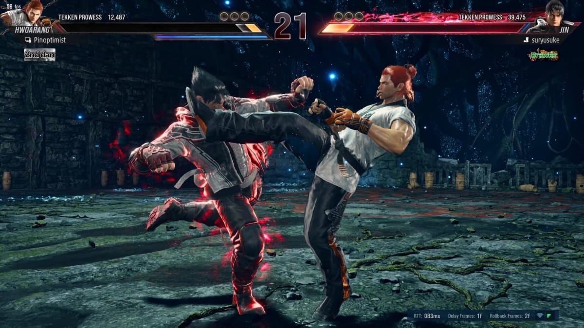 Hwoarang and Jin exchange blows during a match in Tekken 8.
