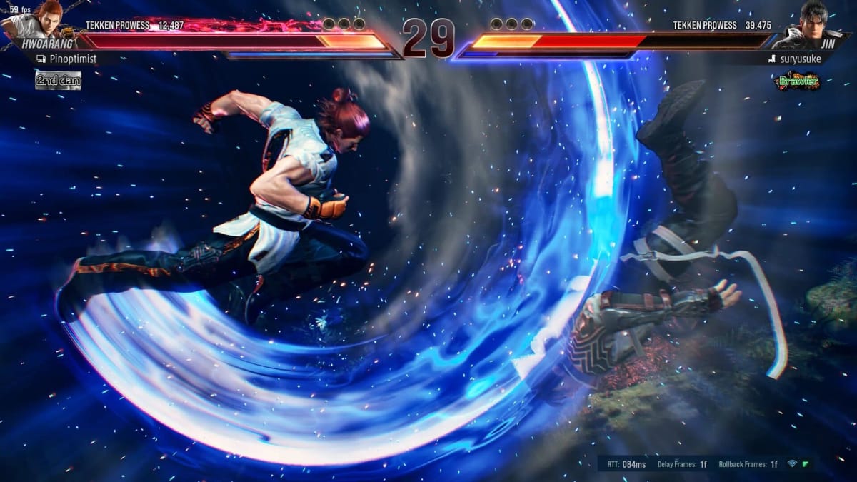 Hwoarang lands the final hit of his Rage Art on Jin in during a battle in Tekken 8.