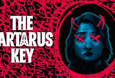 The logo for The Tartarus Key, surrounded by cryptic red scribbles and a portrait of a woman with her eyes crossed out.
