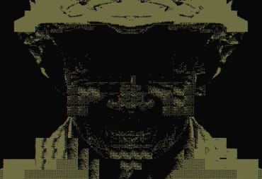 Closeup of a highly pixelated and wide grinning face, color palette covered in yellow