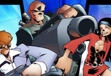 A spread shot cover of TimeSplitters 2 and its unique art style, showcasing Sergeant Cortez, Harry Tipper,  and Kitten Celeste posing.