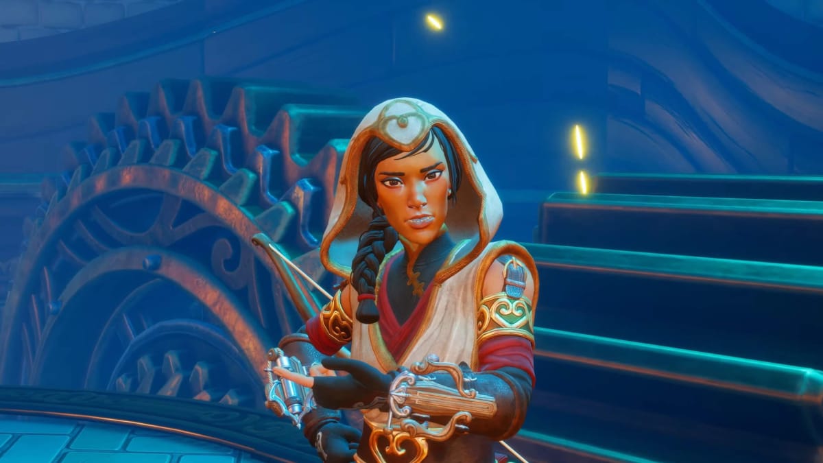 A closeup of Zoya the Thief wearing her signature hood in Trine 5: A Clockwork Conspiracy