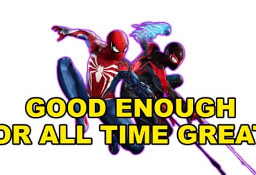 Peter Parker Spider-Man and Miles Morales Spider-Man swinging together text reads GOOD ENOUGH OR ALL TIME GREAT