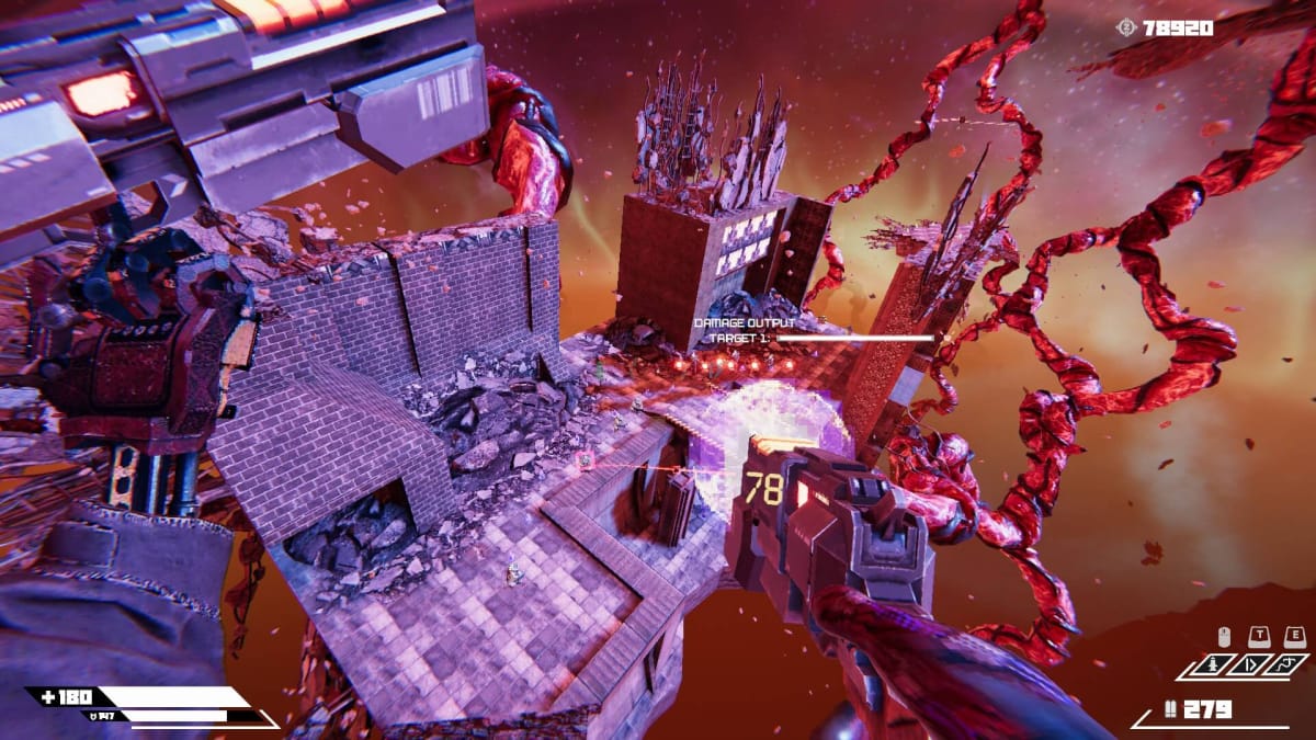 Turbo Overkill gameplay showing a platforming segment with gunplay.