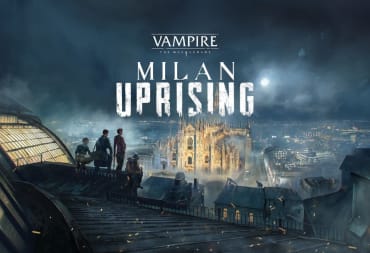 The logo for Vampire: The Masquerade - Milan Uprising atop a dark city line, with figures in silhouette on the rooftops.