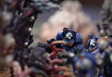 A screenshot from the Warhammer 40k 10th Edition battle report, featuring models of Space Marines in Terminator armor