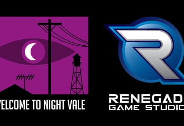 The logo for Welcome To Night Vale, an outline of a house and power line with an eye in the background drenched in purple, alongside the stylized "R" logo of Renegade Game Studios